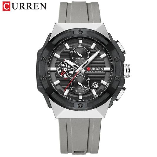 Luckacco CURREN Fashionable Sports Multifunctional Chronograph Quartz Watch with Silicone Strap Creative Design Dial Luminous Hands