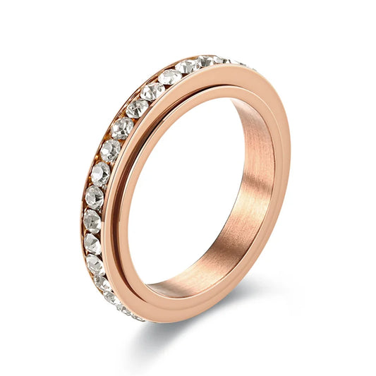 Luckacco Stainless Steel Cubic Zirconia Rotatable Chain Couple Rings Anti Stress Anxiety Fidget Spinner Ring Wedding Band Knuckle Jewelry