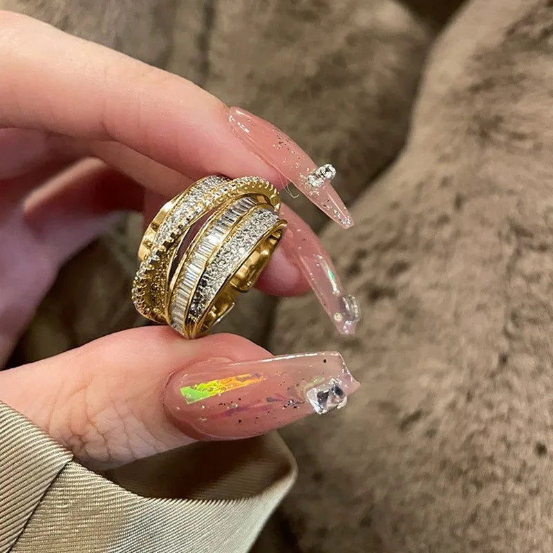 luckacco 2025 new stainless steel 18 k gold plated sun rings for women natural stone inlaid in hollow metal texture ring trendy jewelry