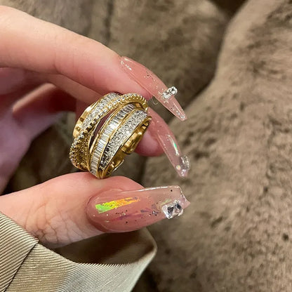 Luckacco 2025 New Stainless Steel 18 K Gold Plated Sun Rings for Women Natural Stone Inlaid in Hollow Metal Texture Ring Trendy Jewelry