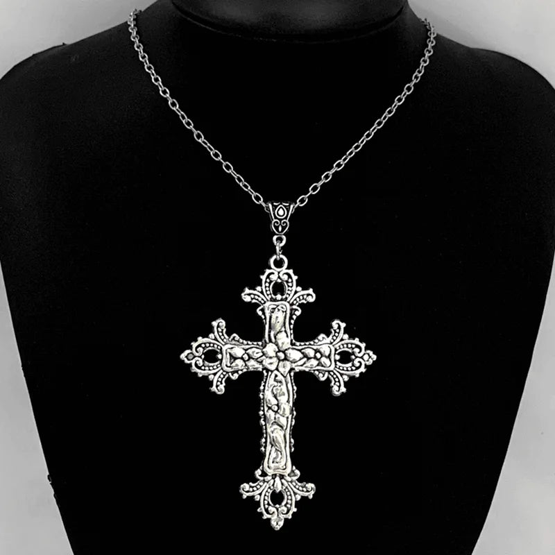 luckacco gothic cross, gothic black style hollow cross pendant necklace, punk cool necklace, large cross silver tone necklace