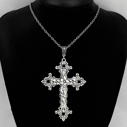 Luckacco Gothic cross, Gothic black style hollow cross pendant necklace, punk cool necklace, large cross silver tone necklace