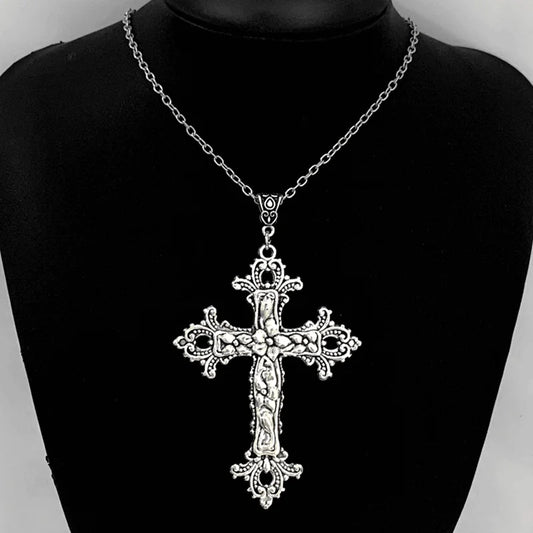 Luckacco Gothic cross, Gothic black style hollow cross pendant necklace, punk cool necklace, large cross silver tone necklace