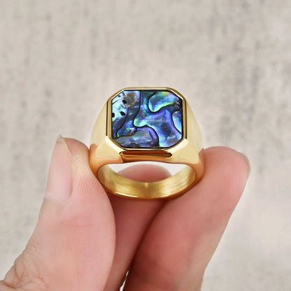 Luckacco Classic Gold Sliver Color Abalone Shells Finger Ring Men Punk Party Smooth Stainless Steel Rings Male Circular Wedding Ring Gift