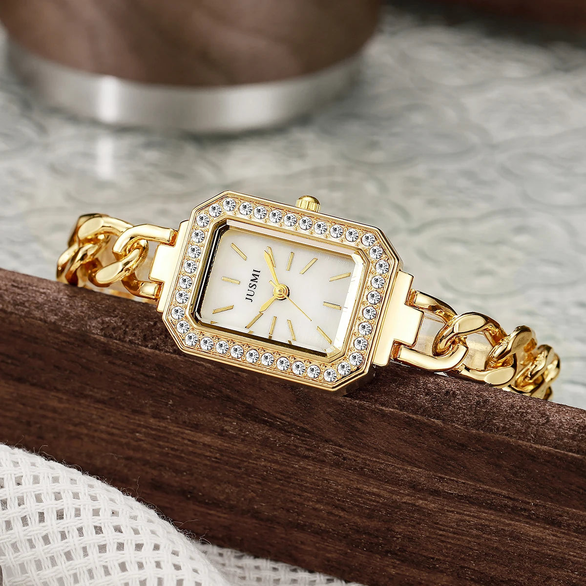 luckacco ladies' high-value fashion bar scale square dial buckle shaped steel strip inlaid with diamonds outer shell quartz watch
