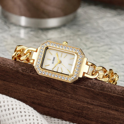 Luckacco Ladies' high-value fashion bar scale square dial buckle shaped steel strip inlaid with diamonds outer shell quartz watch