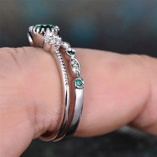 Luckacco 925 Sterling Silver Ring Set with Emerald Zircon Crystals for Women Engagement Wedding Glamour Jewelry Gifts