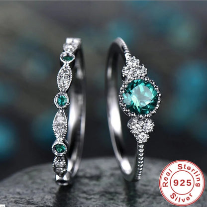 Luckacco 925 Sterling Silver Ring Set with Emerald Zircon Crystals for Women Engagement Wedding Glamour Jewelry Gifts