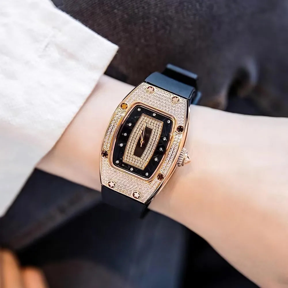 luckacco 2025 new fashion women luxury tonneau watches womens crystal silicone jelly quartz watch gift relogio feminino ladies wristwatch