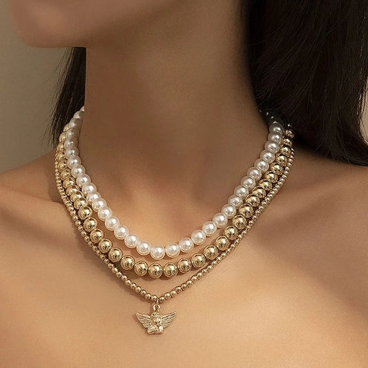 Luckacco Multi-Layer White Imitation Pearl Necklace Bead  Chain Punk Ladies Wedding Short Clavicle Necklac Girl Charm Banquet Jewelry