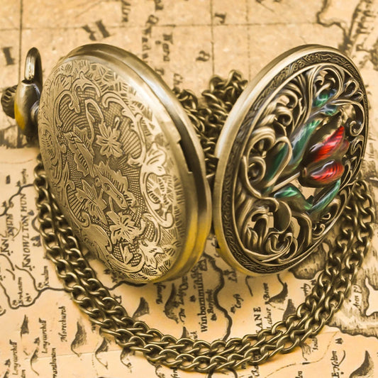 Luckacco Retro Bronze Steampunk Floral Carving Flip-Top Male And Female Student Gift Quartz Necklace Commemorative Pocket Watch