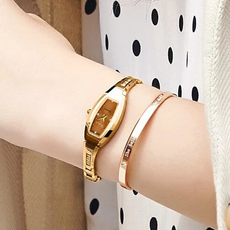 luckacco small ladies wristwatches golden retro watch for women vintage steel bracelet watch black quartz wristwatches reloj mujer