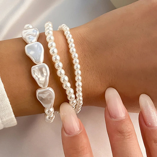Luckacco 3pcs/Set Boho Elegant Multilayer White Imitation Pearl Chain Bracelet Accessories For Women Wedding Vacation Gift Jewelry B061