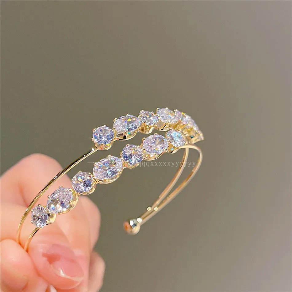 luckacco cuff bracelets sparkling gold color double layer open bangles for women shine cubic zircon luxury jewelry party accessories
