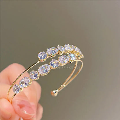 Luckacco Cuff Bracelets Sparkling Gold Color Double Layer Open Bangles For Women Shine Cubic Zircon Luxury Jewelry Party Accessories