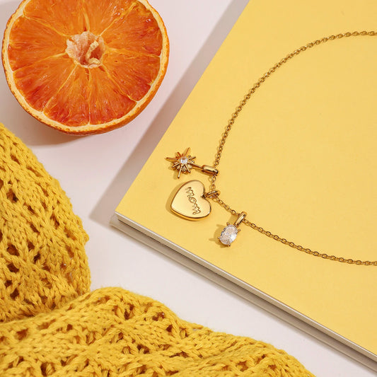 Luckacco Zora Women's Exquisite Simple "MOM" Heart Pendant Necklace 18K Gold-plated Stainless Steel Trendy and Versatile Zircon Jewelry