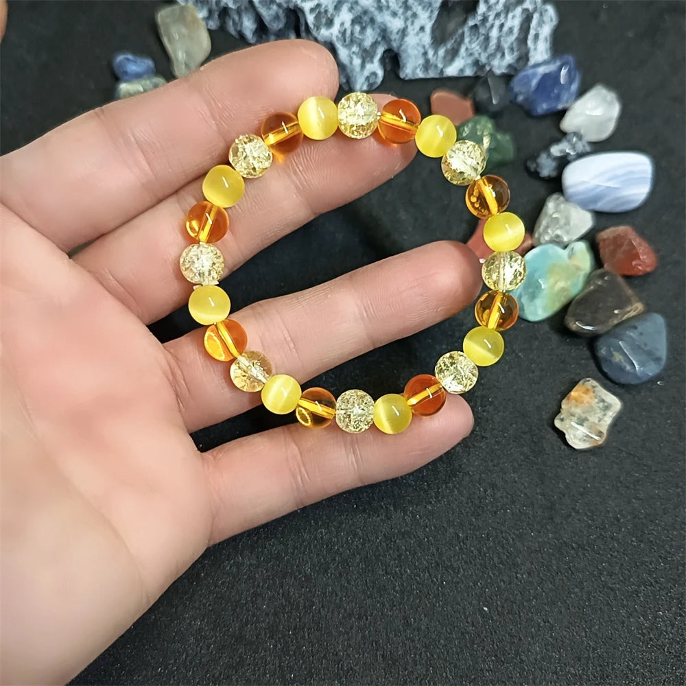 luckacco handmade cat's eye stone bracelet yellow natural crystal beaded bangle for attract wealth jewelry men women positive energy gift