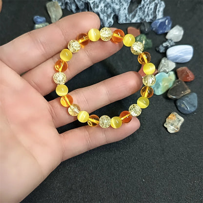 Luckacco Handmade Cat's Eye Stone Bracelet Yellow Natural Crystal Beaded Bangle for Attract Wealth Jewelry Men Women Positive Energy Gift