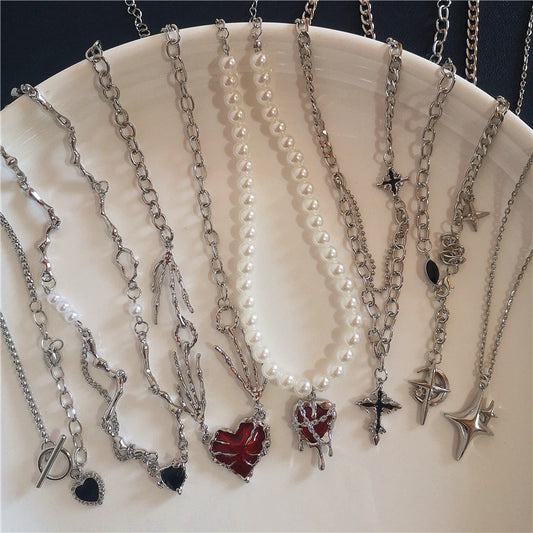 Luckacco Gothic Vintage Y2K Red Glass Heart Star Cross Pendant Pearl Bead Necklace For Women Men Aesthetic 90s Grunge Accessories Jewelry