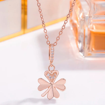 Luckacco Vintage Elegant Flower & Four-leaf Clover Pendant Necklace for Women Shiny Zircon 925 Sterling Silver Clavicle Chain Jewelry