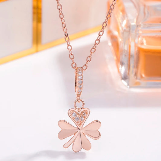 Luckacco Vintage Elegant Flower & Four-leaf Clover Pendant Necklace for Women Shiny Zircon 925 Sterling Silver Clavicle Chain Jewelry