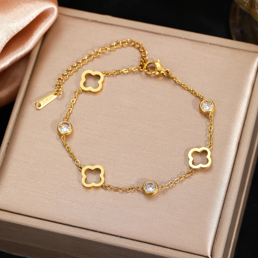 luckacco stainless steel lucky hollow clover crystal zirconia bracelet simple and generous design wrist jewelry for women's daily wear