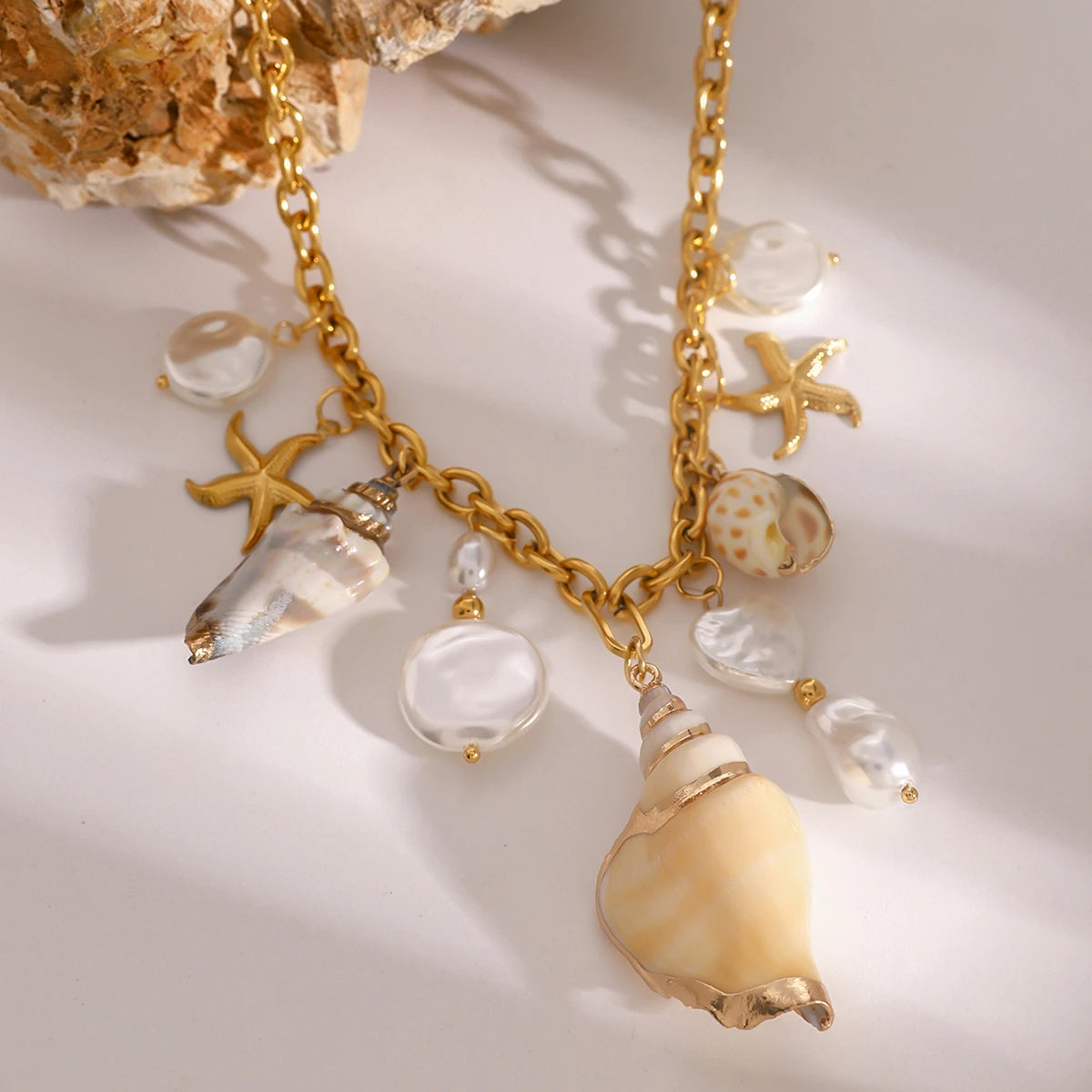 luckacco youthway-collier bohème en acier inoxydable pour femme, grande perle imperméable, pendentif conque étoile de mer, bijoux de plage océan