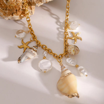 Luckacco Youthway-Collier Bohème en Acier Inoxydable pour Femme, Grande Perle Imperméable, Pendentif Conque Étoile de Mer, Bijoux de Plage Océan