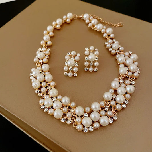 Luckacco 3 Pcs Rhinestone Pearl Rectangular Earrings Necklace Set Two-piece Vintage Choker Accessory Light Luxury Jewelry Sets Wedding