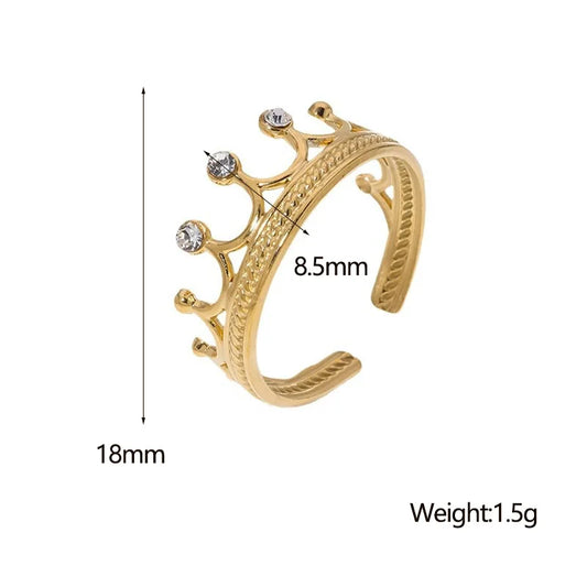 Luckacco Luxury Trendy Gold Color Stainless Steel Zircon Crown Couple Rings for Women Men Charm Party Finger Jewelry Colorfast Gift