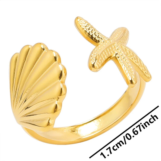 Luckacco 1pc Stylish Marine Jewelry Ocean Sea Animals Conch Starfish Shell Ring Stainless Steel Jellyfish Scallop Rings Women Charm Gift