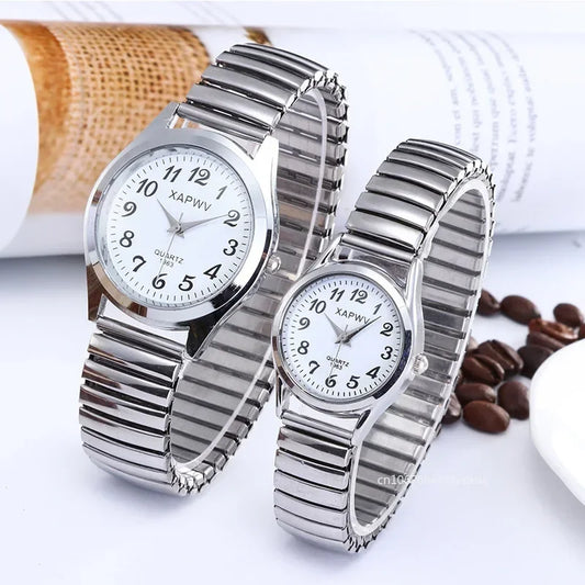Luckacco Classic Vintage Business Couple Women Men Elastic Gold Sliver Quartz Watch Tide Lovers Couple Bracelet Watches Party Office Gift