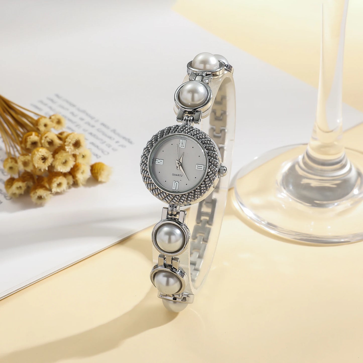 luckacco ladies' light luxury compact hybrid diamond dot scale small dial pearl steel strip quartz watch