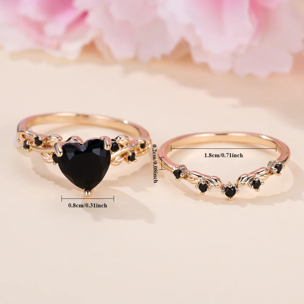 luckacco royal blue green black red stone heart ring sets for women rose gold color white zircon bridal wedding bands mothers day jewelry