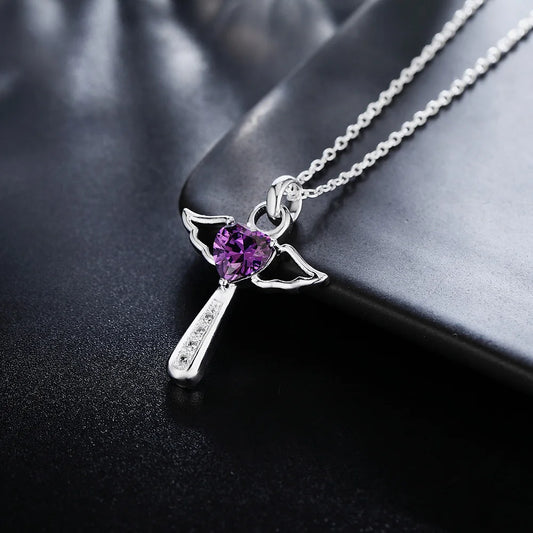 Luckacco Fine 925 Sterling Silver angel noble crystal cross pendants Necklace For Women luxury party Wedding Jewelry Christmas gifts