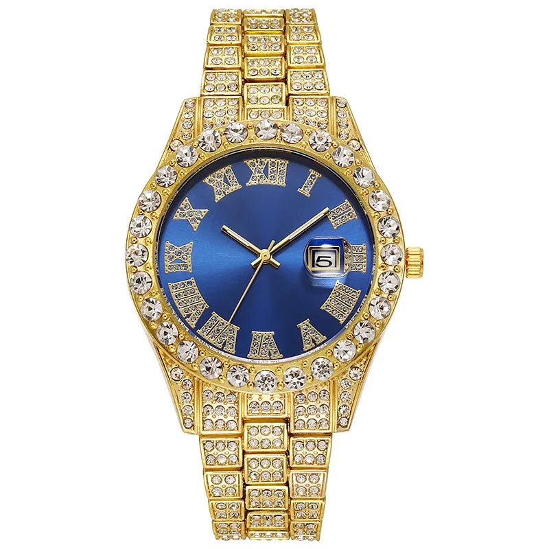 luckacco personalized hip hop watch with shiny rhinestones for men, luxury clock, band length, iced steel belt, 40mm diameter glass dial