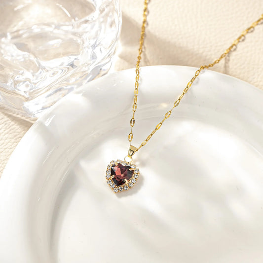 Luckacco Stainless Steel Chain Classic Shiny Colorful Zircon Heart Pendant Necklace for Women Lady Vintage Jewelry Accessories Gifts