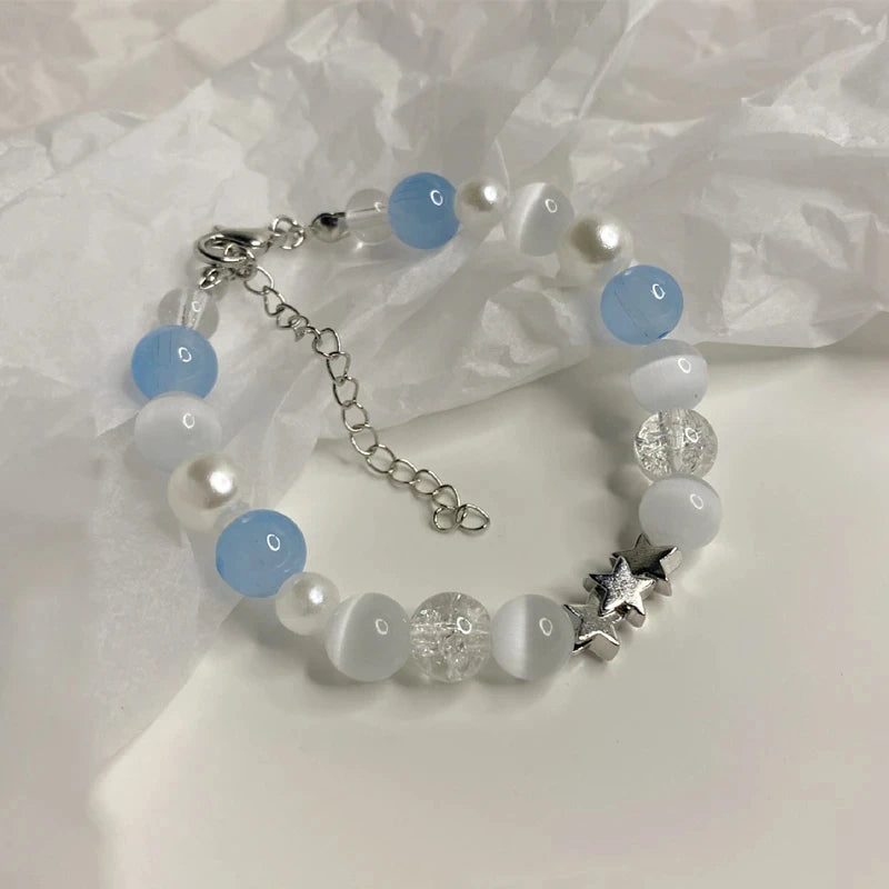 luckacco harajuku pentagram pearl beaded bracelets for women 2023 korean aesthetic cute star blue glass ball bracelets y2k jewelry gifts