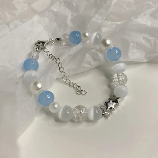 Luckacco Harajuku Pentagram Pearl Beaded Bracelets for Women 2023 Korean Aesthetic Cute Star Blue Glass Ball Bracelets Y2k Jewelry Gifts