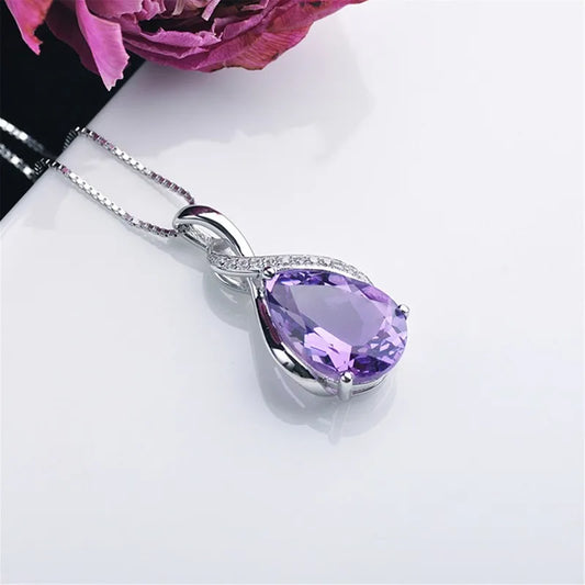 Luckacco Buyee 925 Sterling Silver Female Stone Pendant Chain Natural Amethyst & Aquamarine Necklace for Women Fashion Fine Jewelry Chain