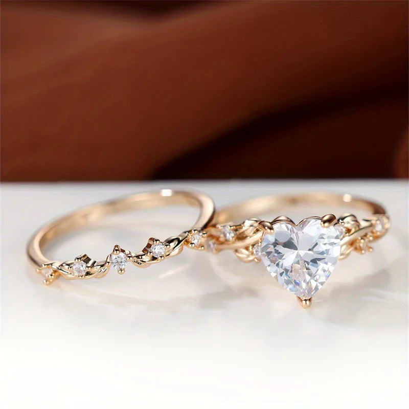 luckacco royal blue green black red stone heart ring sets for women rose gold color white zircon bridal wedding bands mothers day jewelry