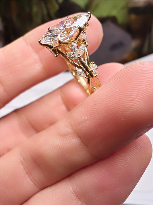 Luckacco 10K Solid Real Gold Lab grown diamond wedding ring for female IGI Horse Eye 2 carat CVD vine design engagement ring for female