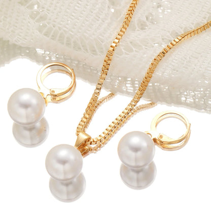 Luckacco 3 Pcs Round Pearl Jewelry Set Of Earring Pendant Necklace For Women Exquisite Fashion Rhinestone Double Wedding Jewelry Set Gift