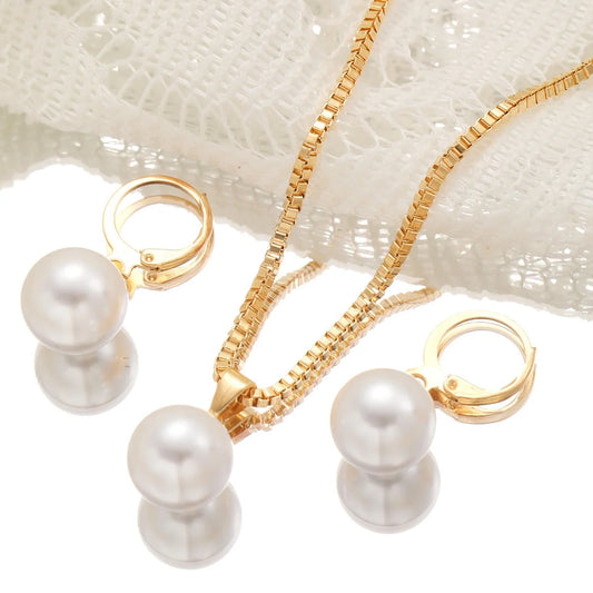 Luckacco 3 Pcs Round Pearl Jewelry Set Of Earring Pendant Necklace For Women Exquisite Fashion Rhinestone Double Wedding Jewelry Set Gift