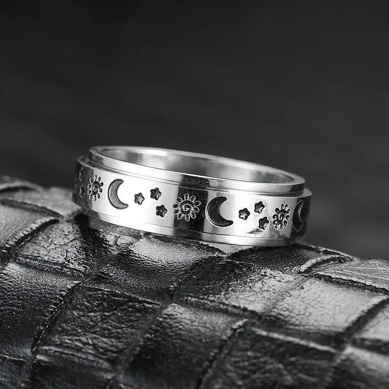 luckacco vintage stainless steel sun moon star rotating spinning wedding promise anniversary statement band ring jewelry