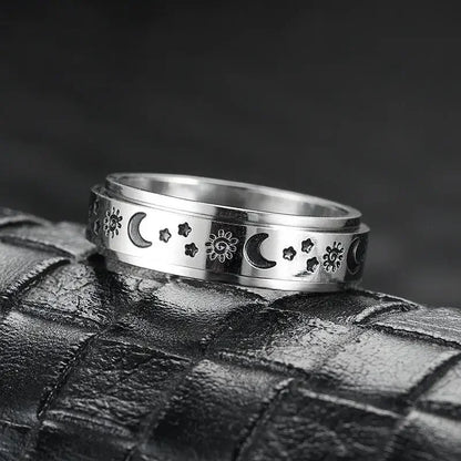 Luckacco Vintage Stainless Steel Sun Moon Star Rotating Spinning Wedding Promise Anniversary Statement Band Ring Jewelry