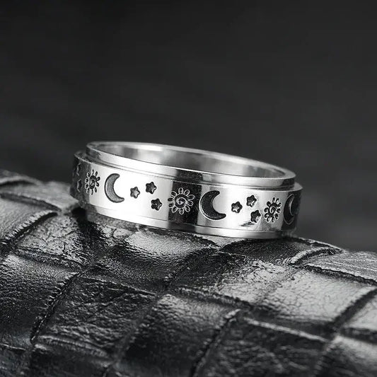 Luckacco Vintage Stainless Steel Sun Moon Star Rotating Spinning Wedding Promise Anniversary Statement Band Ring Jewelry