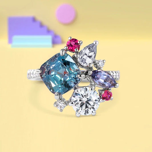 Luckacco Geometric Colored Cubic Zirconia Rings for Women Luxury Bridal Wedding Band Accessories Fashion Design Statement Jewelry