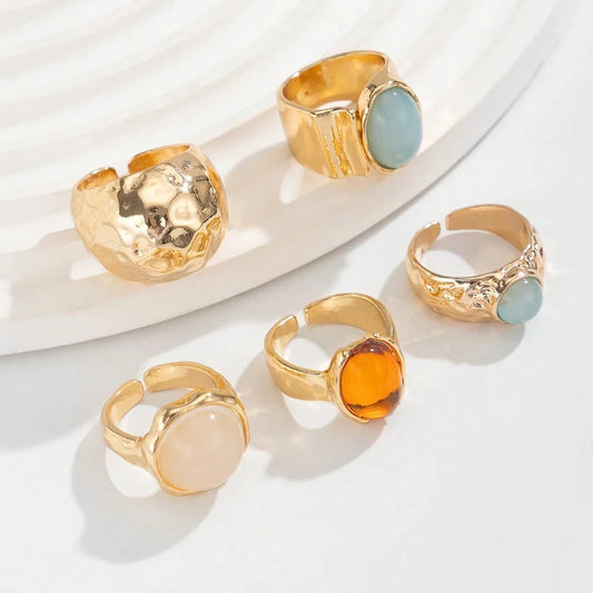 Luckacco Vintage Chic Geometric Stone Inlaid Ring Set for Women Simple Chunky Gold Color Geometric Rings Daily Wear Party Jewelry Gifts