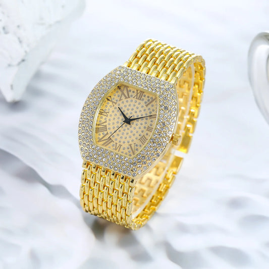 Luckacco UTHAI H64 Women's Full Diamond Watch Temperament Gold Steel Band Barrel shaped Full Sky Star Vintage Fashion Quartz Wristwatches